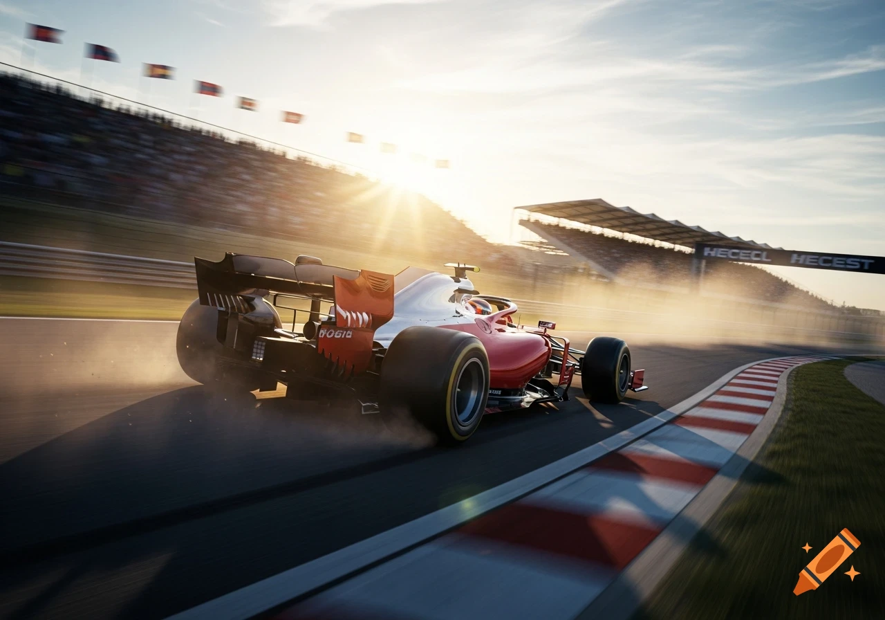 A red and white Formula 1 car speeds around a race track at sunset, kicking up dust with motion blur.