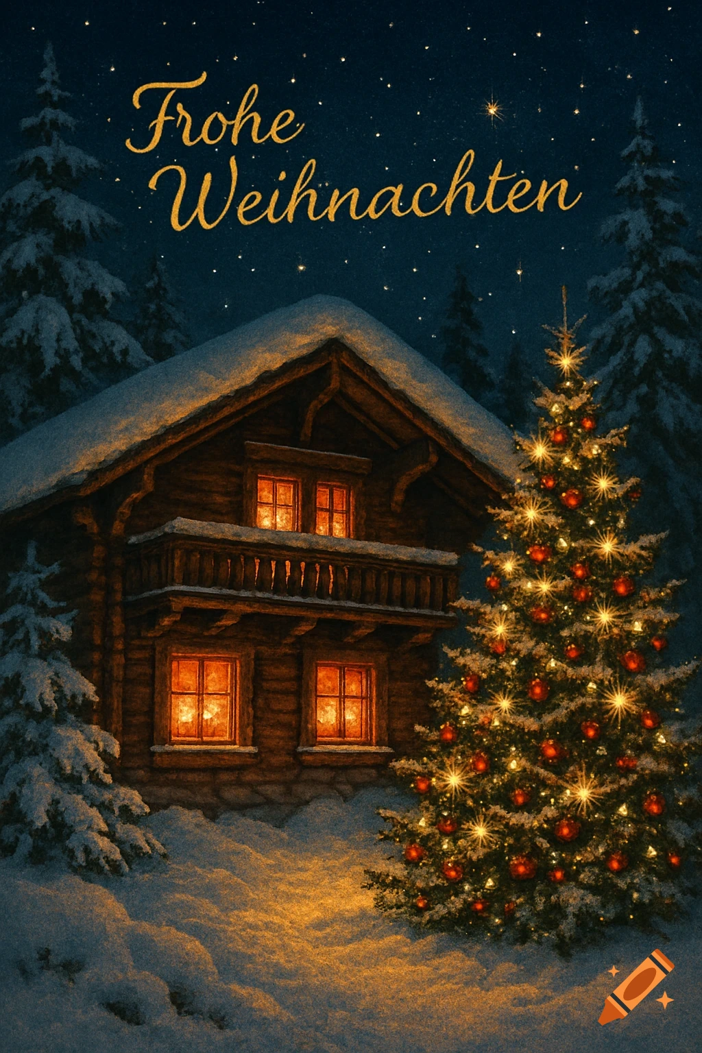 A festive winter scene depicting a snow-covered wooden cabin with glowing windows next to a brightly lit Christmas tree under a starry night sky. The text "Frohe Weihnachten" (Merry Christmas in German) is written at the top.