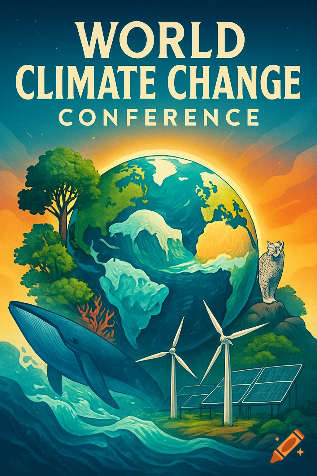 A stylized poster for a world climate change conference, featuring Earth, a whale, trees, a snow leopard, wind turbines, and solar panels.