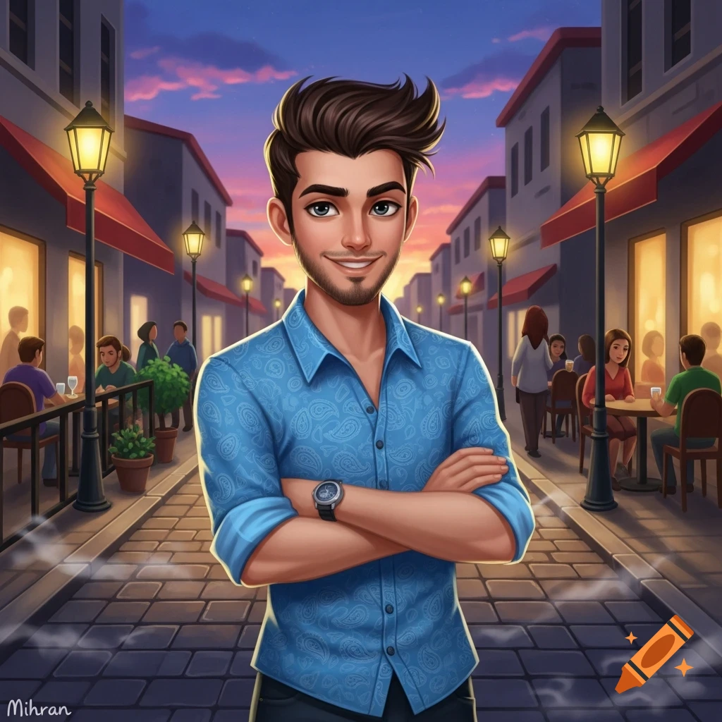 A cartoonish man with dark hair and a beard, wearing a blue patterned shirt, smiles with his arms crossed on a cobbled street with cafes and streetlights at dusk.