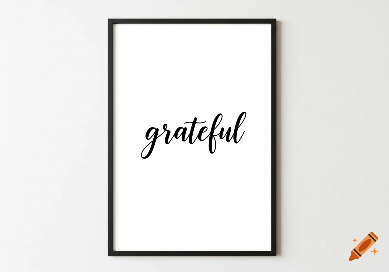 A black framed poster with the word 'grateful' in elegant script on a white background, hanging on a white wall.