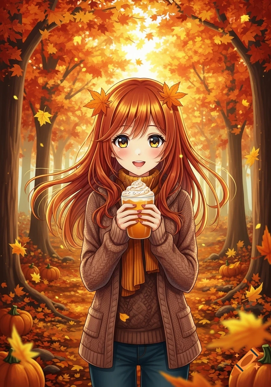 An anime girl with long reddish-brown hair holds a pumpkin spice latte in a vibrant autumn forest with falling leaves and pumpkins.
