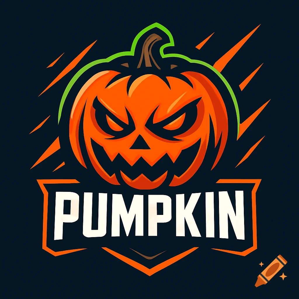 Stylized orange jack-o'-lantern logo with green outlines and sharp teeth, above the word PUMPKIN on a dark background.