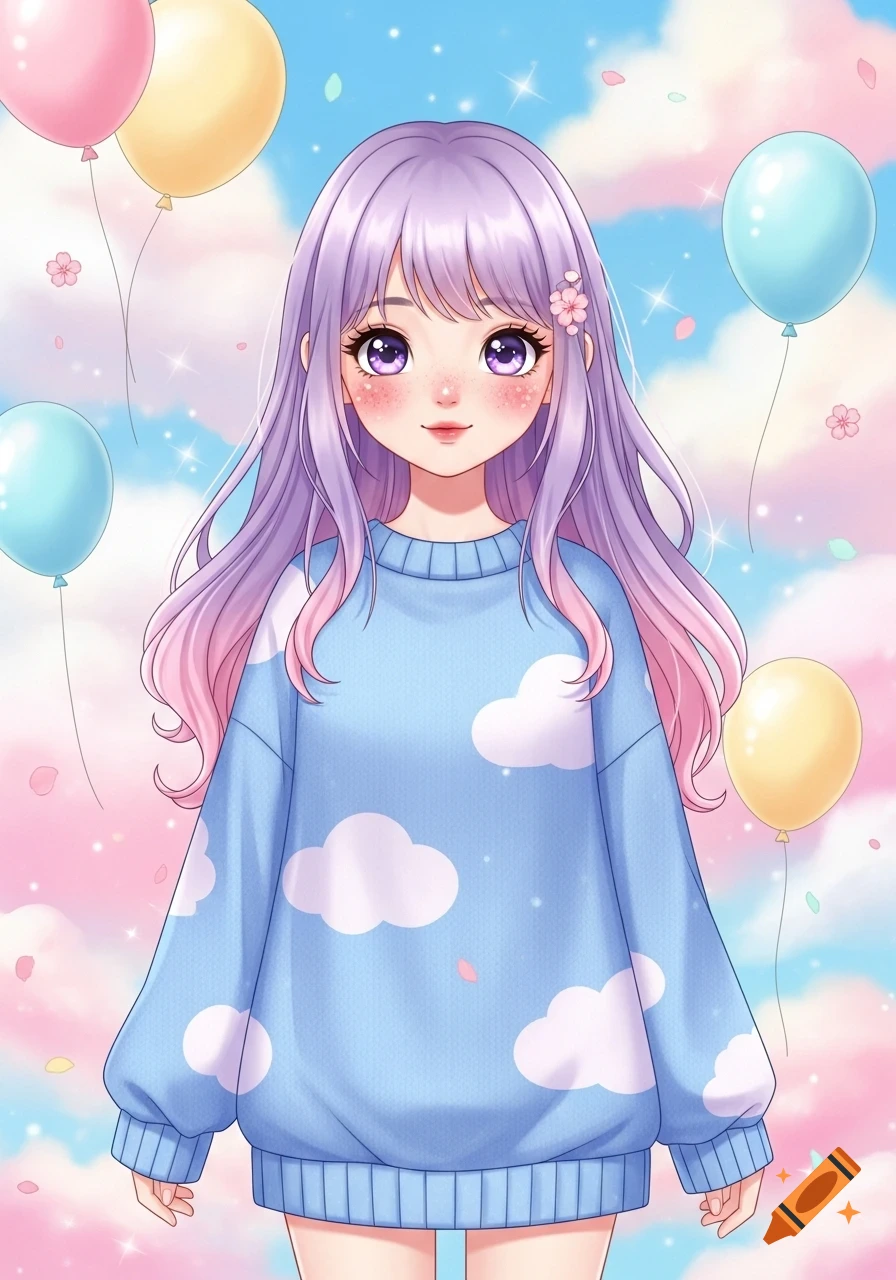 A kawaii anime girl with long purple hair and a cloud-patterned sweater, surrounded by pastel balloons in a dreamy sky.