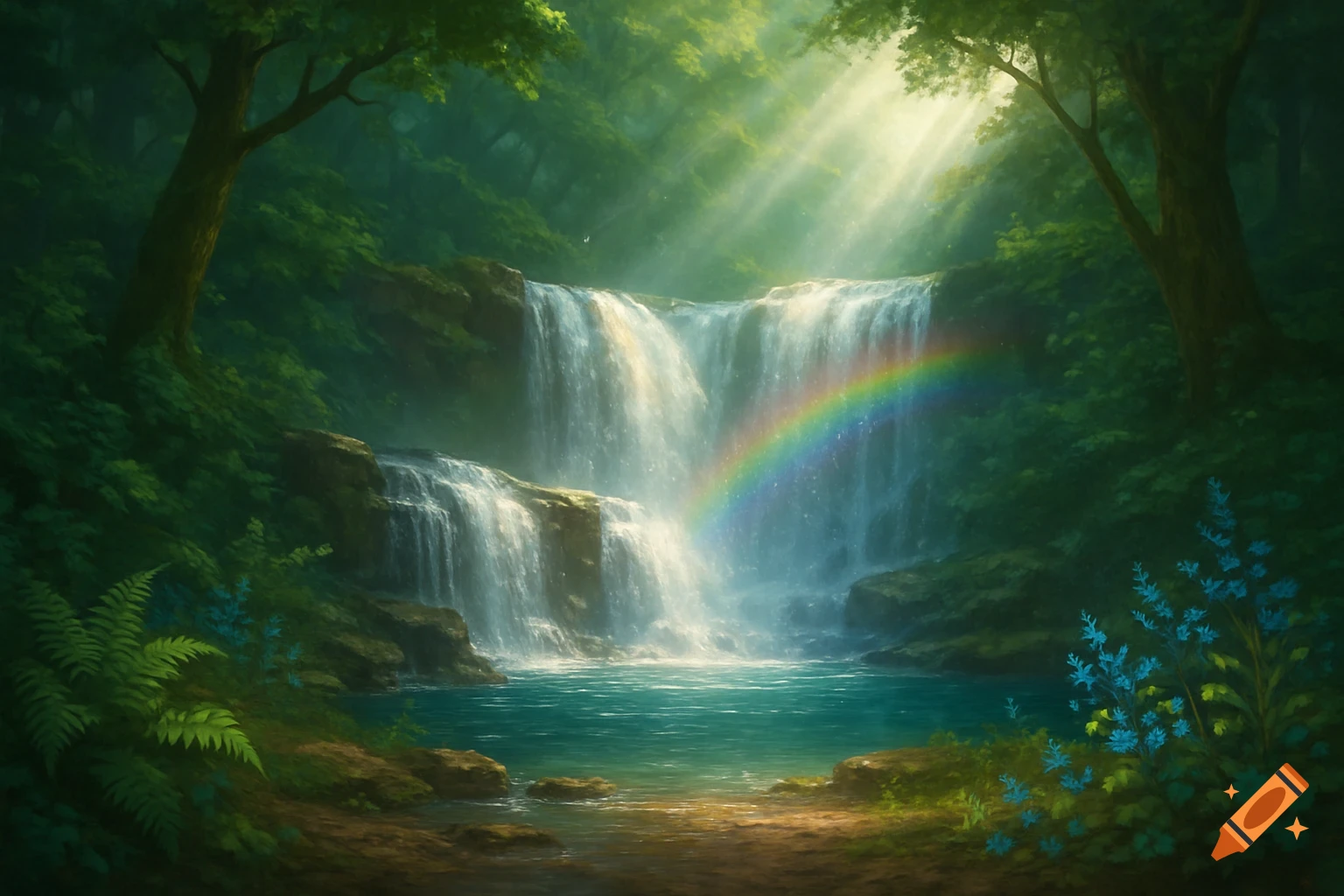 A lush green forest scene with a multi-tiered waterfall, a rainbow, and sunbeams cutting through the trees.