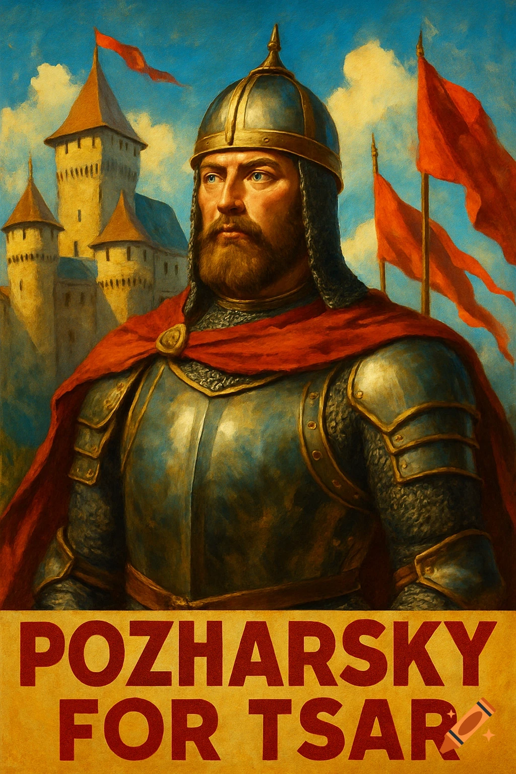 Painted poster of a bearded man in historical armor with a castle and red flags, text reads 'POZHARSKY FOR TSAR'.
