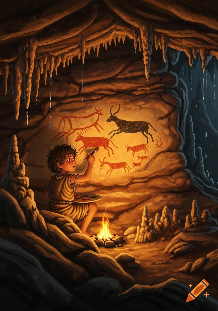 A young prehistoric child paints animal figures on a cave wall by firelight, in a stylized illustration.