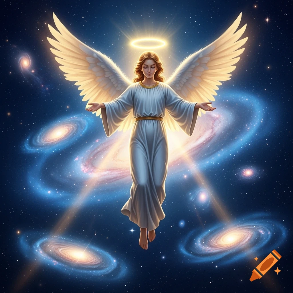 A serene angel with large white wings and a halo floats in a dark blue cosmos filled with glowing spiral galaxies and stars.