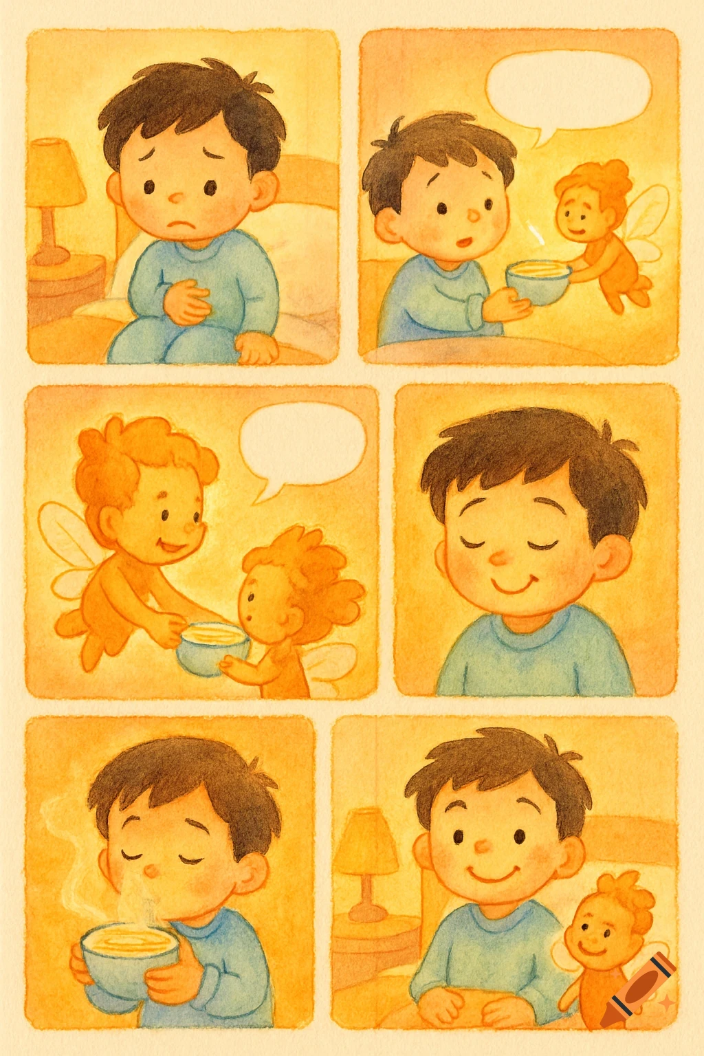Watercolor comic shows a boy with a tummy ache, comforted by a ginger elf bringing him soup. He sips it and smiles.