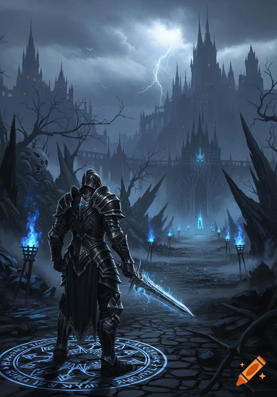 A dark knight in full armor stands on a glowing runic circle, holding a radiant sword, facing a sprawling gothic castle under a stormy, lightning-filled sky.