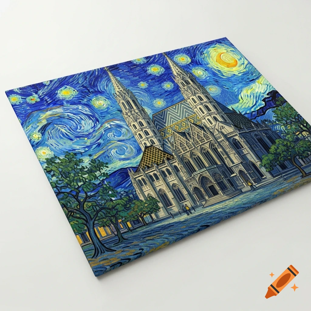 A painting of St. Stephen's Cathedral with twin spires under a swirling starry night sky, rendered in Vincent van Gogh's distinct style.