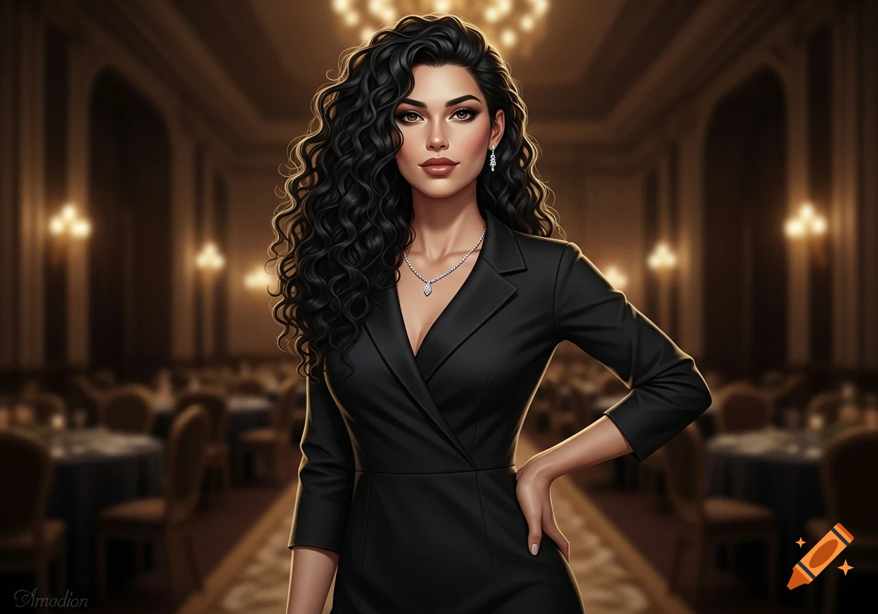 A woman with long curly black hair in a black dress and diamond necklace and earrings, standing in a dimly lit ballroom.