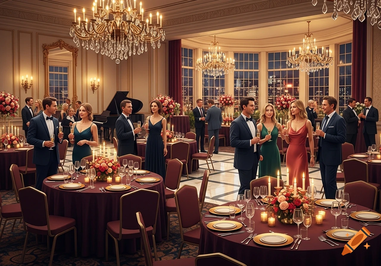 A lavish formal event with elegantly dressed guests mingling around candlelit tables in a grand ballroom.