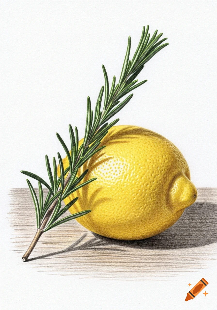 Botanical drawing of a textured yellow lemon with a green rosemary sprig on a white background.