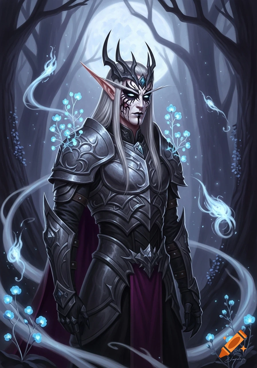 A fantasy elf warrior with long white hair, black armor, and intricate ...