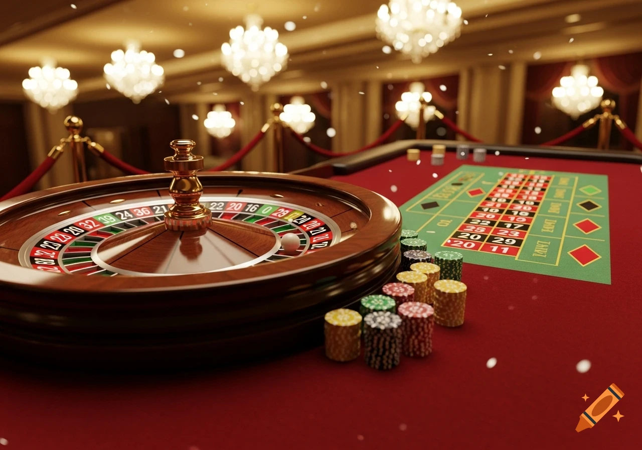 Photorealistic image of a roulette table with chips and a ball, set in an elegant casino with chandeliers.