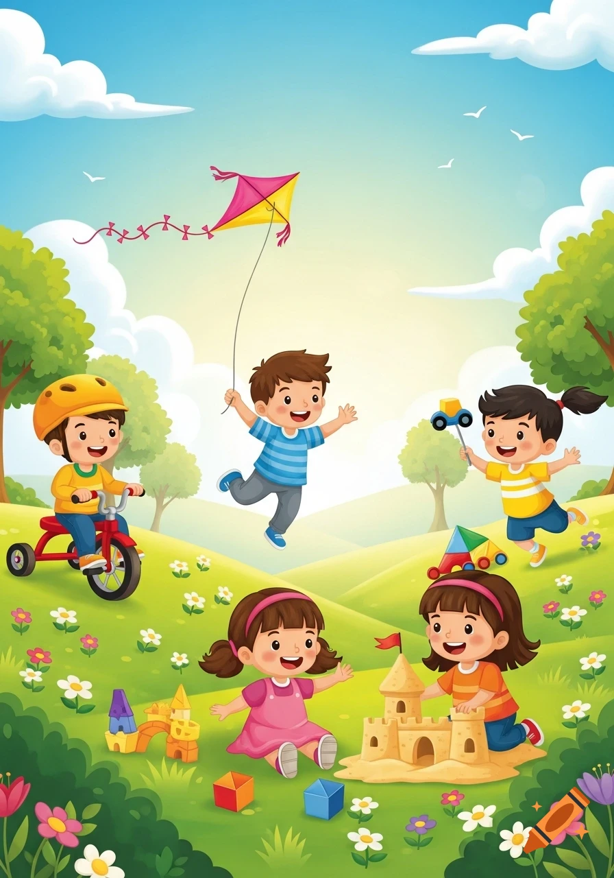 Cartoon illustration of diverse children playing in a sunny green park, with a boy riding a tricycle, another flying a kite, and girls building a sandcastle.