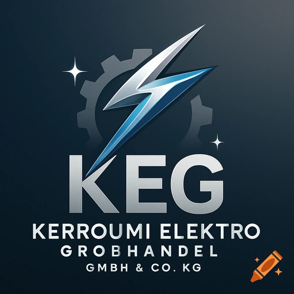Logo with a metallic silver and blue lightning bolt, a grey gear silhouette, and text 'KEG Kerroumi Elektro Grobhandel GmbH & Co. KG' on a dark background.
