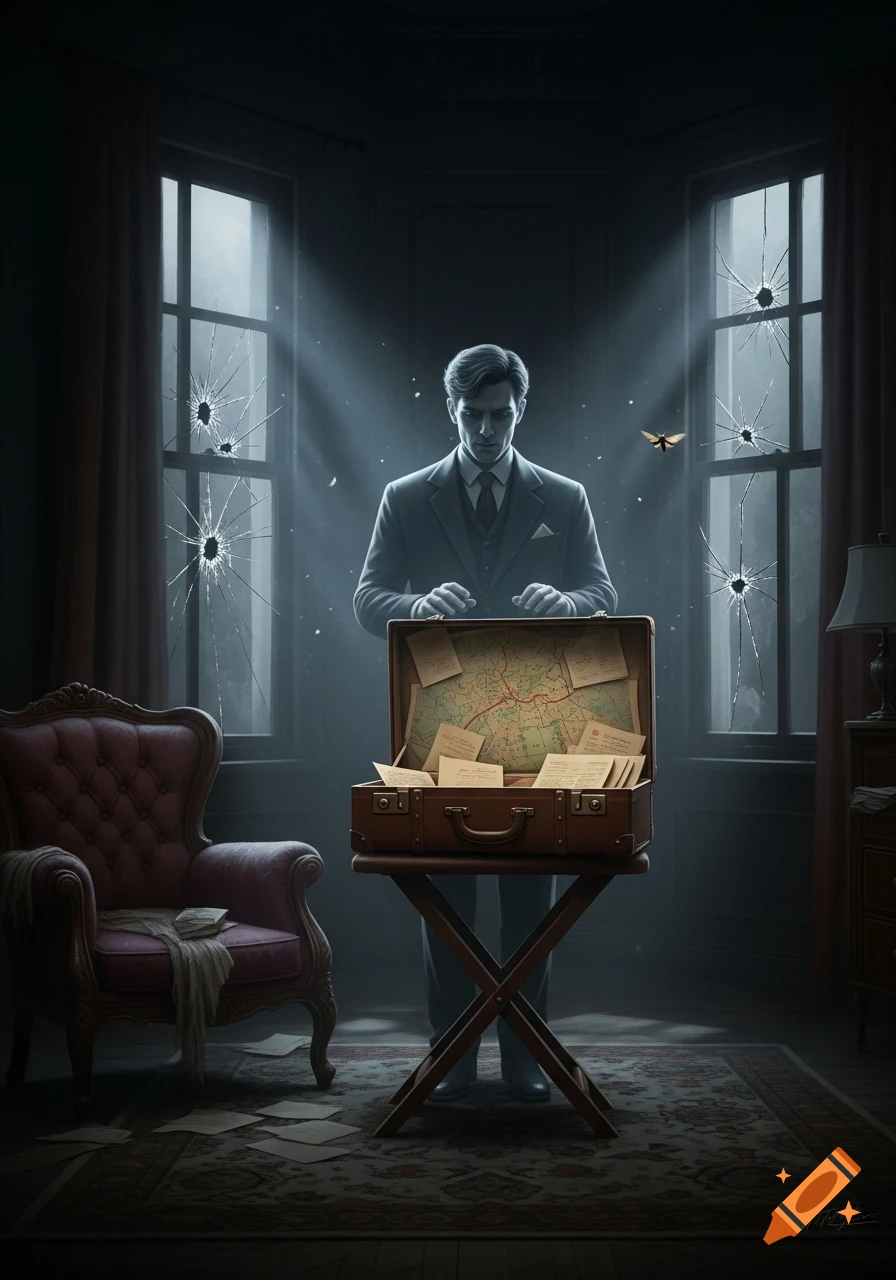 A desaturated man stands over an open suitcase with maps and papers in a dimly lit room with broken windows.