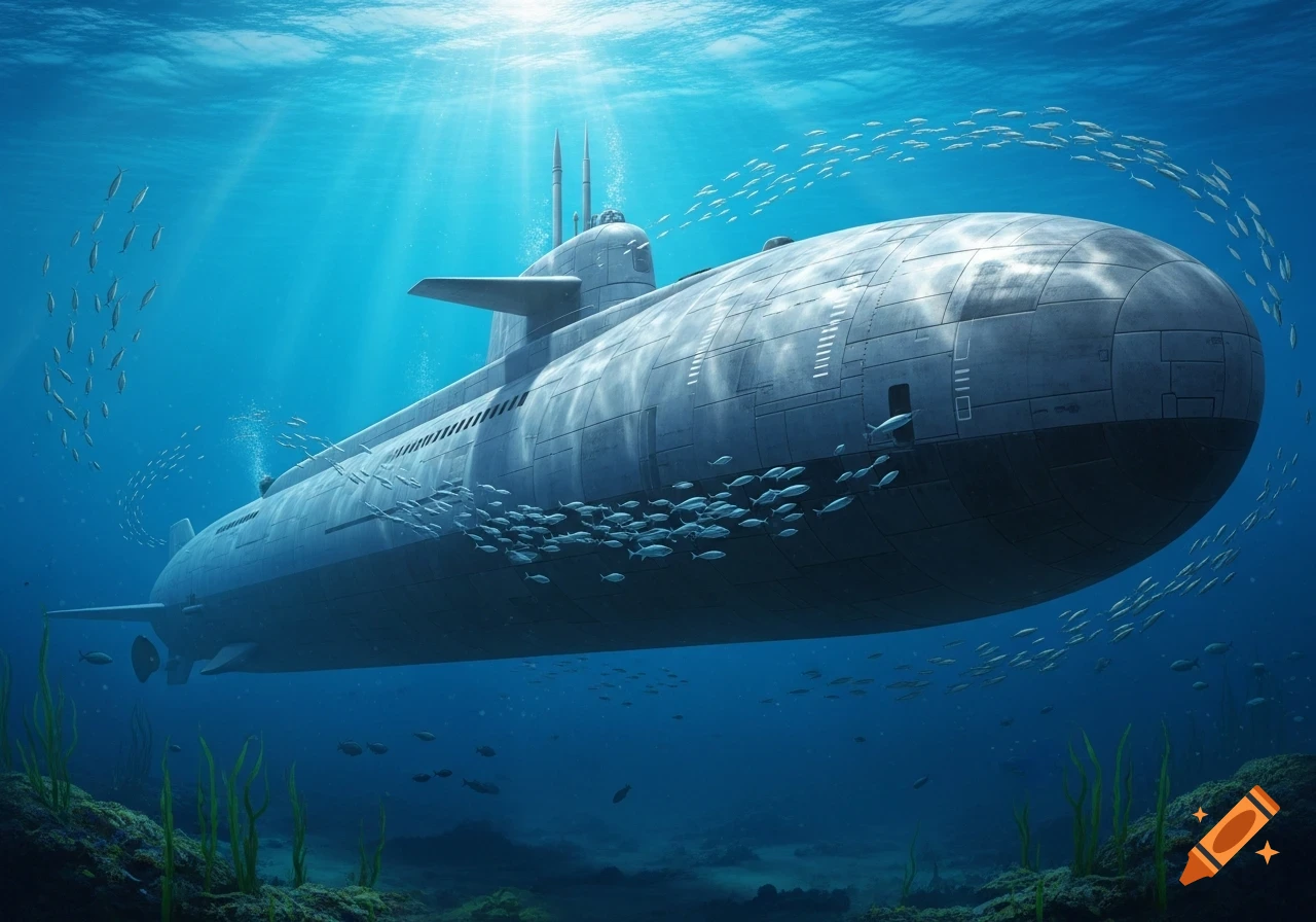 A large grey submarine travels underwater, surrounded by schools of small fish and illuminated by rays of sunlight from above.