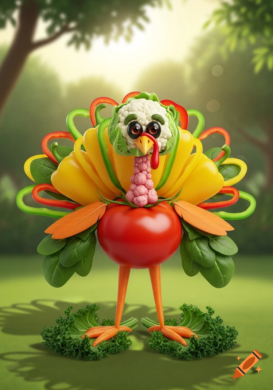 A vibrant cartoon turkey made from a variety of colorful vegetables, standing on a green lawn.