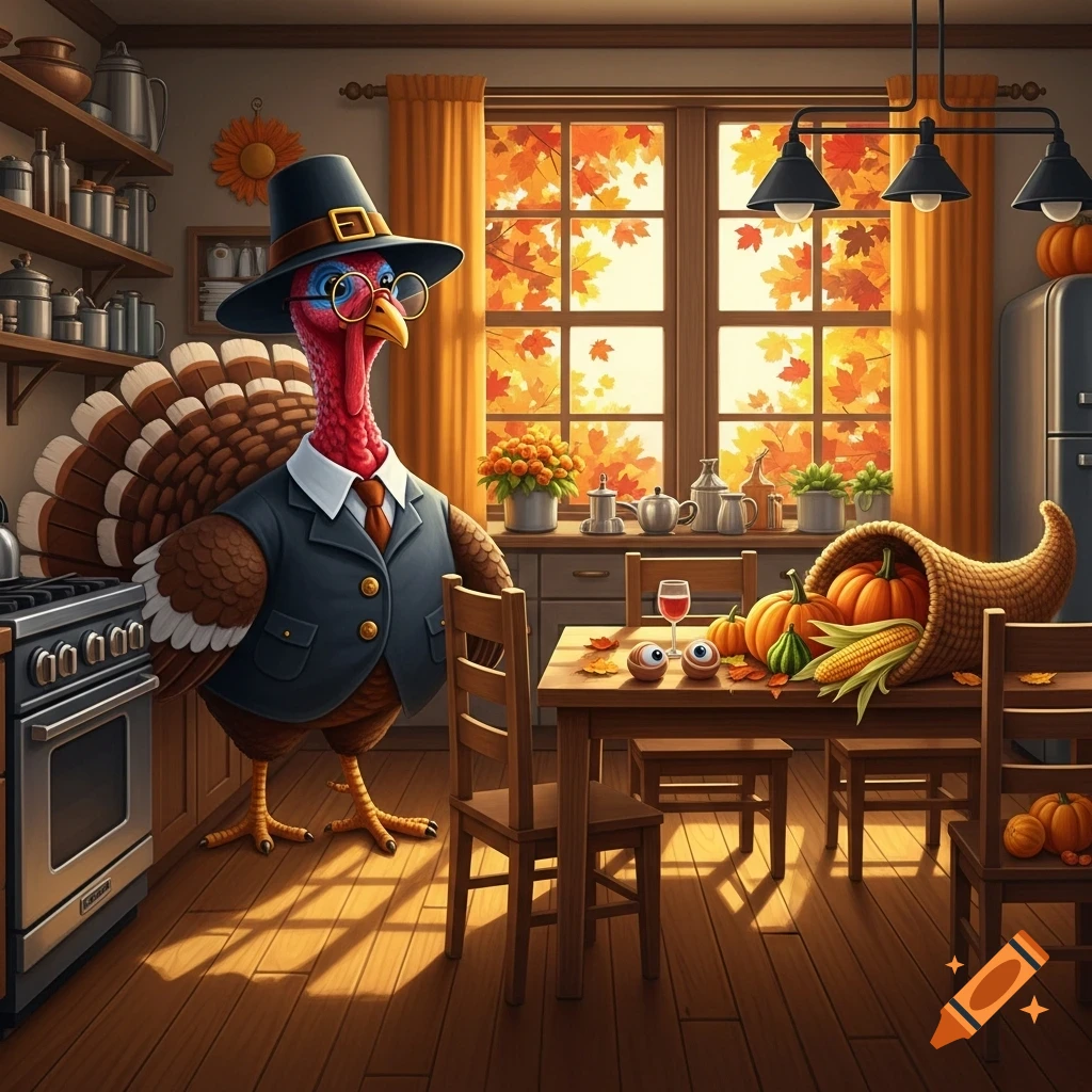 A cartoon turkey in a pilgrim hat and suit stands in a festive autumn kitchen with a decorated dining table.