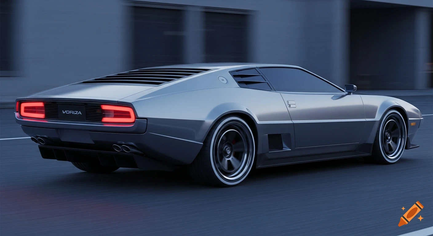 A sleek, silver wedge-shaped sports car with red taillights and dual exhausts drives on a road at dusk.