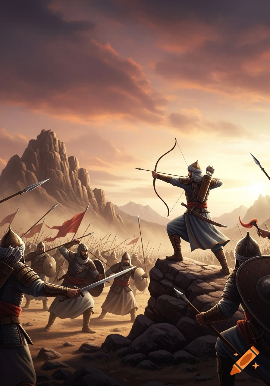 A stylized digital painting of an archer on a rock aiming during a desert battle with warriors and spears under a dramatic sunset.