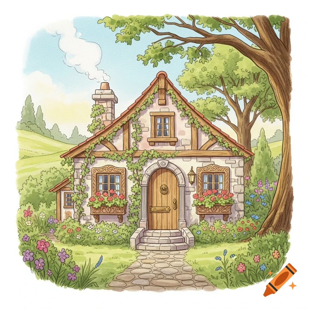 A charming watercolor illustration of a stone cottage with a red roof and climbing vines, surrounded by a vibrant garden and green hills.
