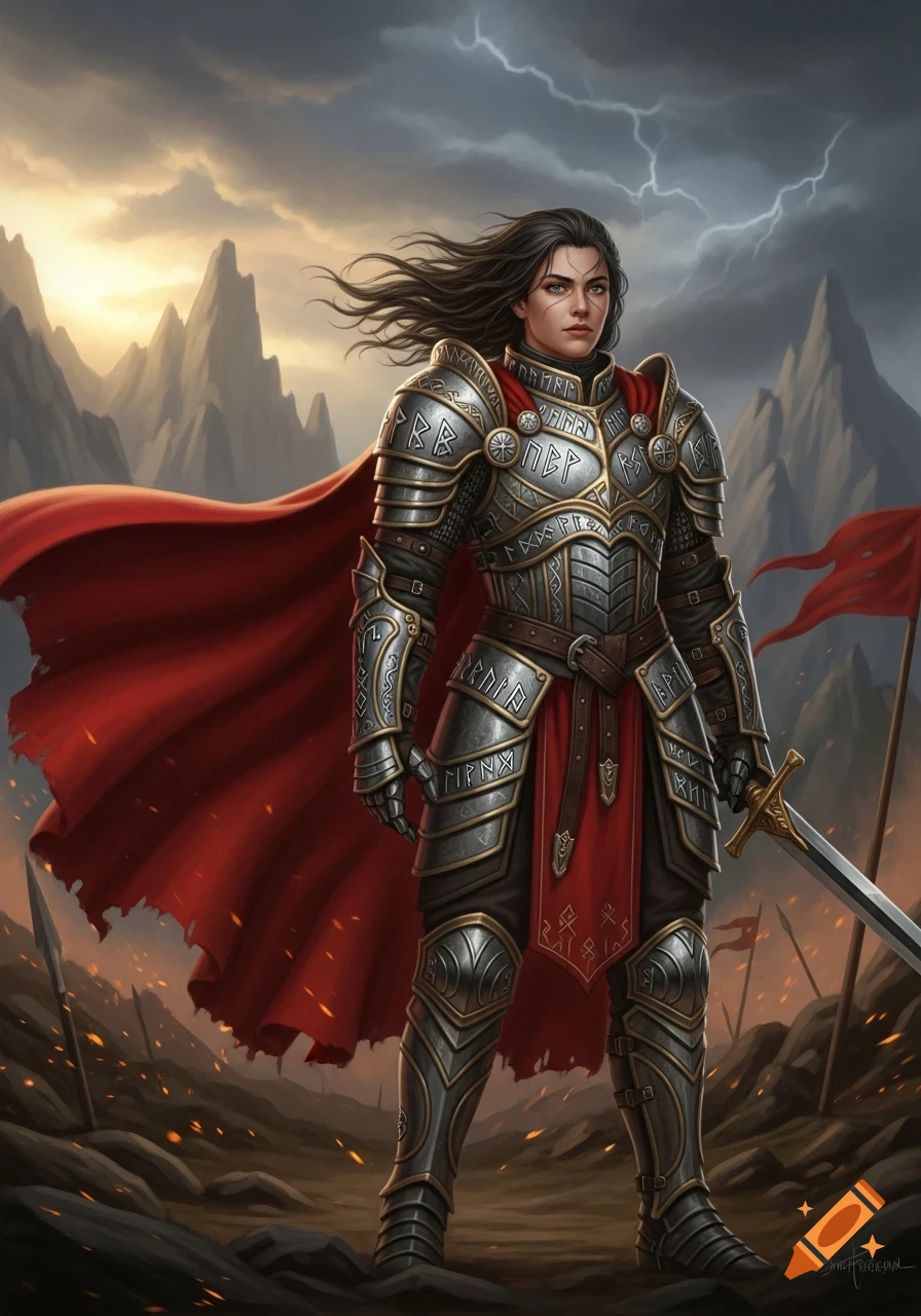 A female warrior in detailed silver and gold armor and a flowing red cape stands on a rocky battlefield under a stormy sky with lightning.