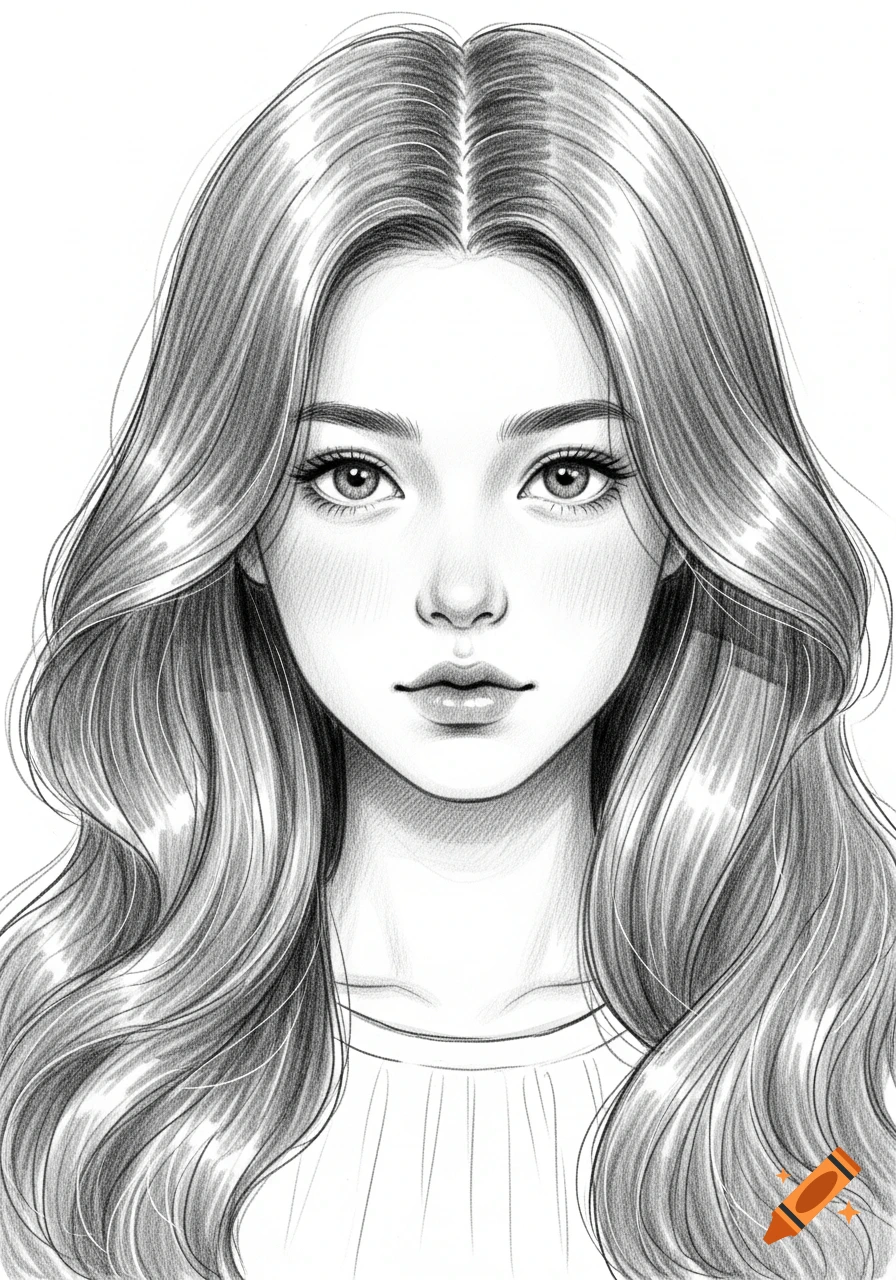 A black and white pencil drawing portrait of a young girl with long, wavy hair, looking forward.