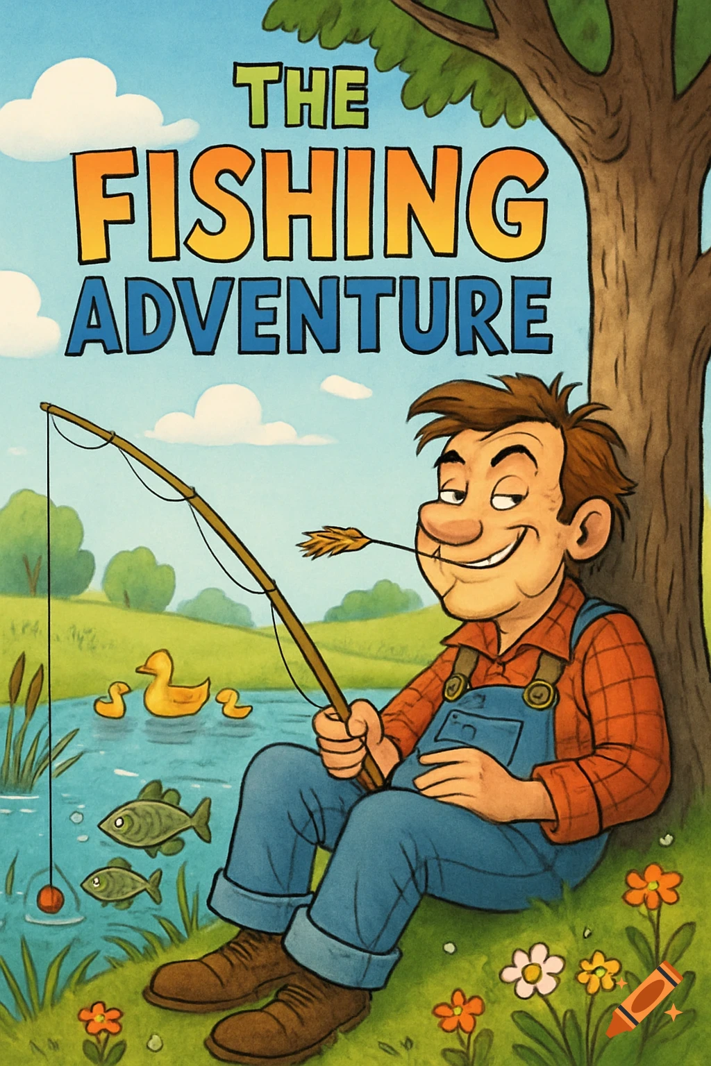 Cartoon book cover shows a man with a wheat stalk in his mouth, fishing by a pond with ducks and fish, text reads "THE FISHING ADVENTURE".