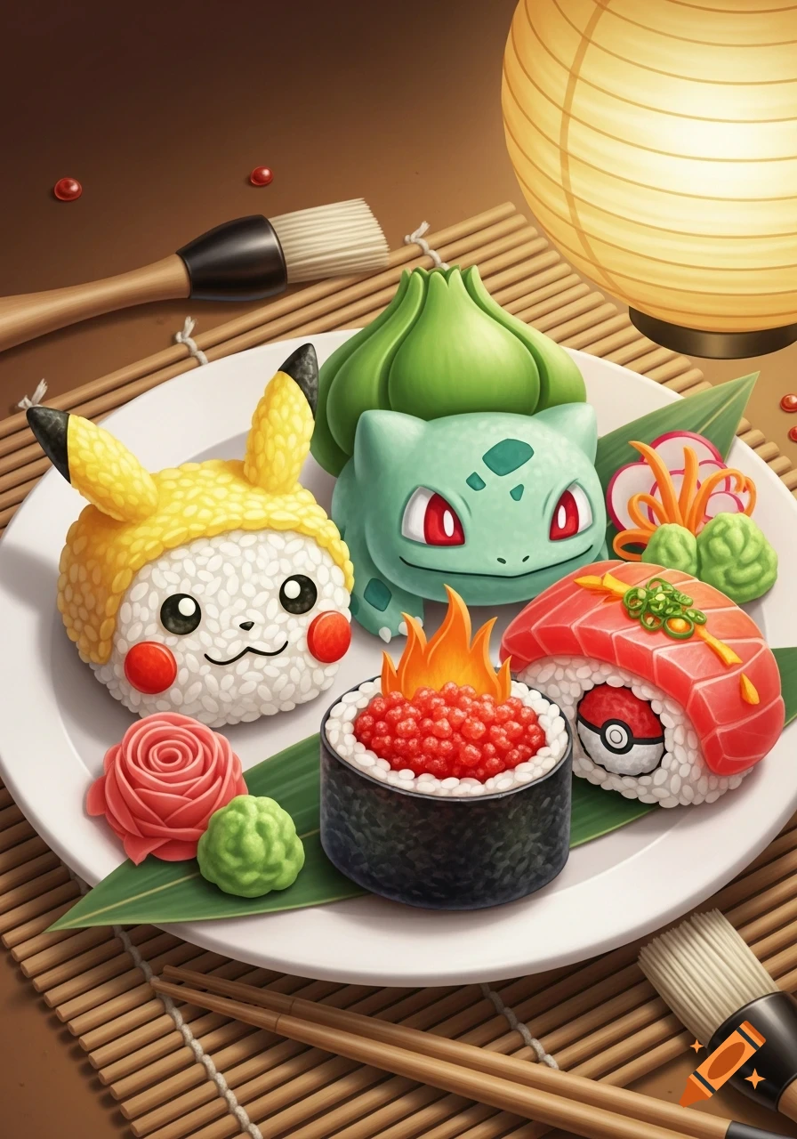 A plate of stylized Pok M_ON sushi featuring Pikachu and Bulbasaur rice balls, a fiery roe roll, and salmon sushi with a Pok M_ON Ball, on a bamboo mat.