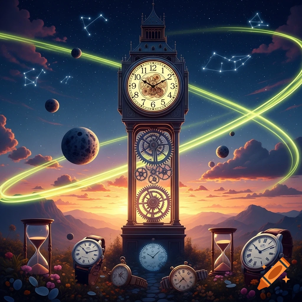 A tall grandfather clock tower with visible gears, surrounded by planets, stars, and constellations in a twilight sky. At its base, various watches and hourglasses are nestled in a flowery landscape.