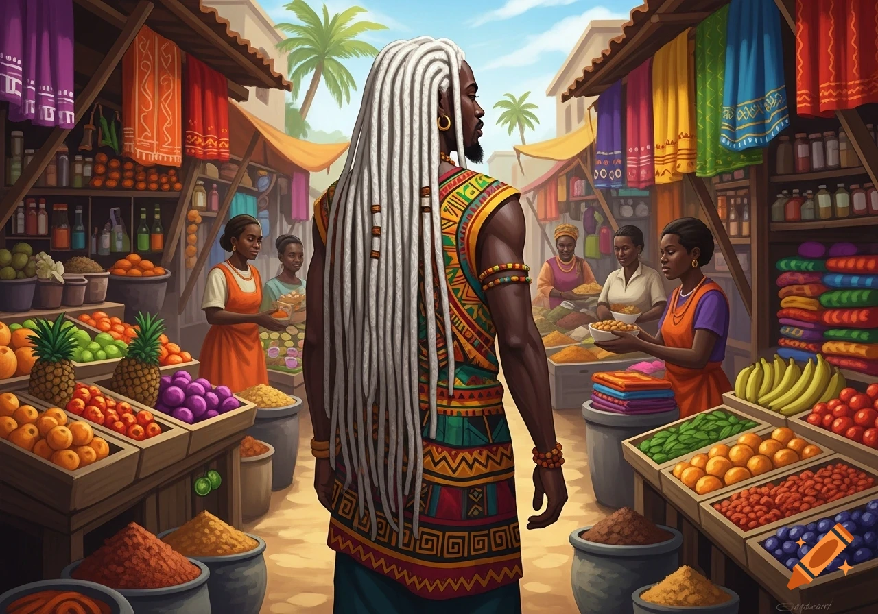 An African man with long white dreadlocks walks through a vibrant market, vendors selling colorful fruits, spices, and textiles. Illustrated style.