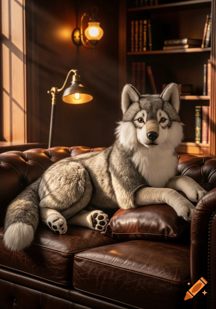 A photorealistic, life-sized wolf plushie with gray and white fur lies on a brown leather sofa in a sunlit library.
