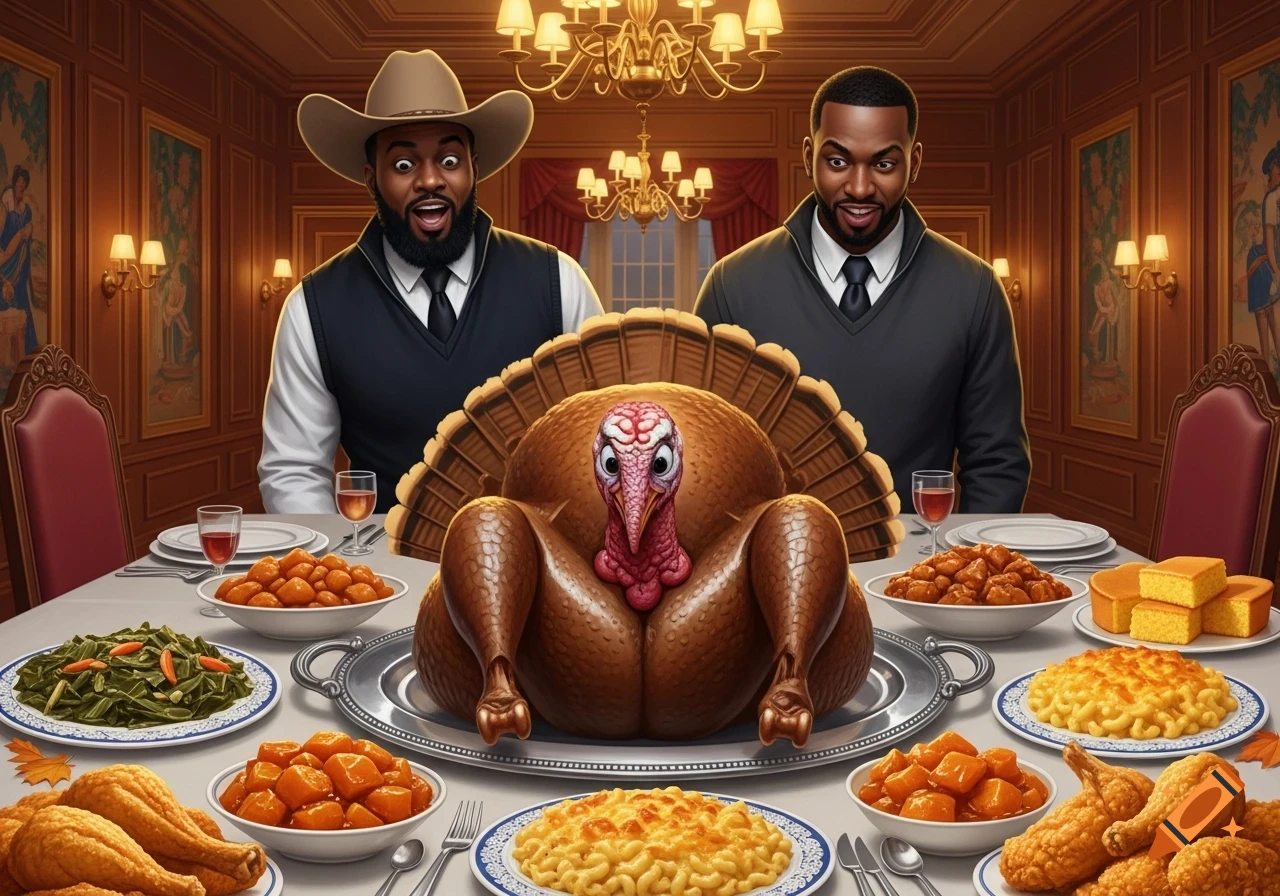 Two men, one in a cowboy hat, smile at a scared turkey on a lavish Thanksgiving dinner table laden with food in a fancy room.