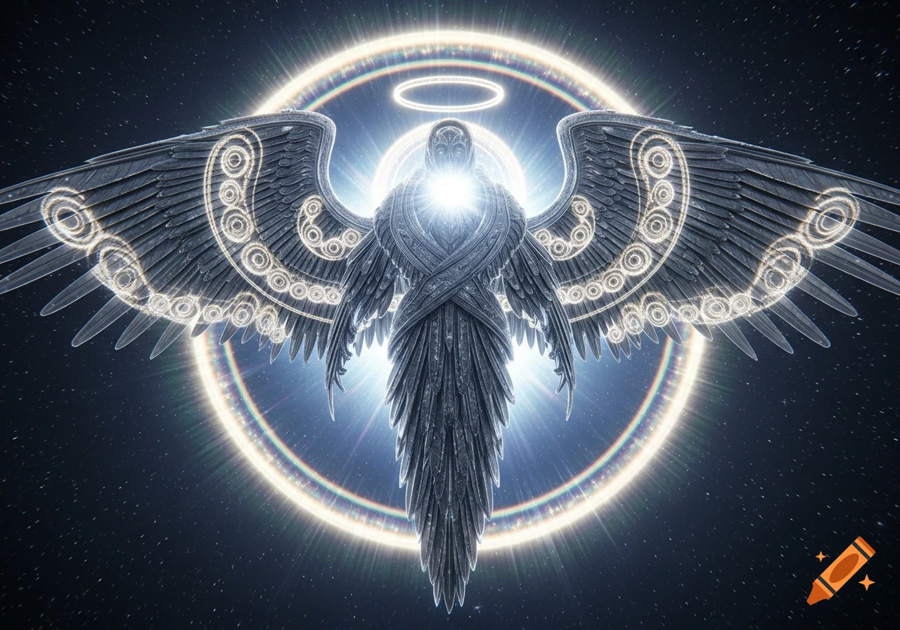 A stylized, dark metallic angel with multiple ornate wings and a bright central glow, surrounded by a radiant halo against a starry space background.