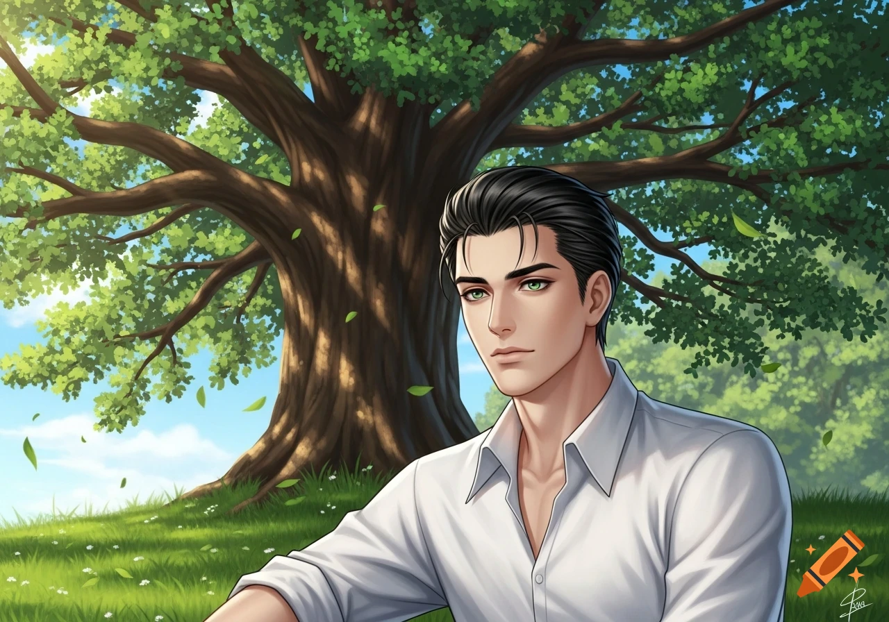 An anime-style drawing of a man with black hair and green eyes, wearing a white shirt, sitting on grass under a large leafy tree.
