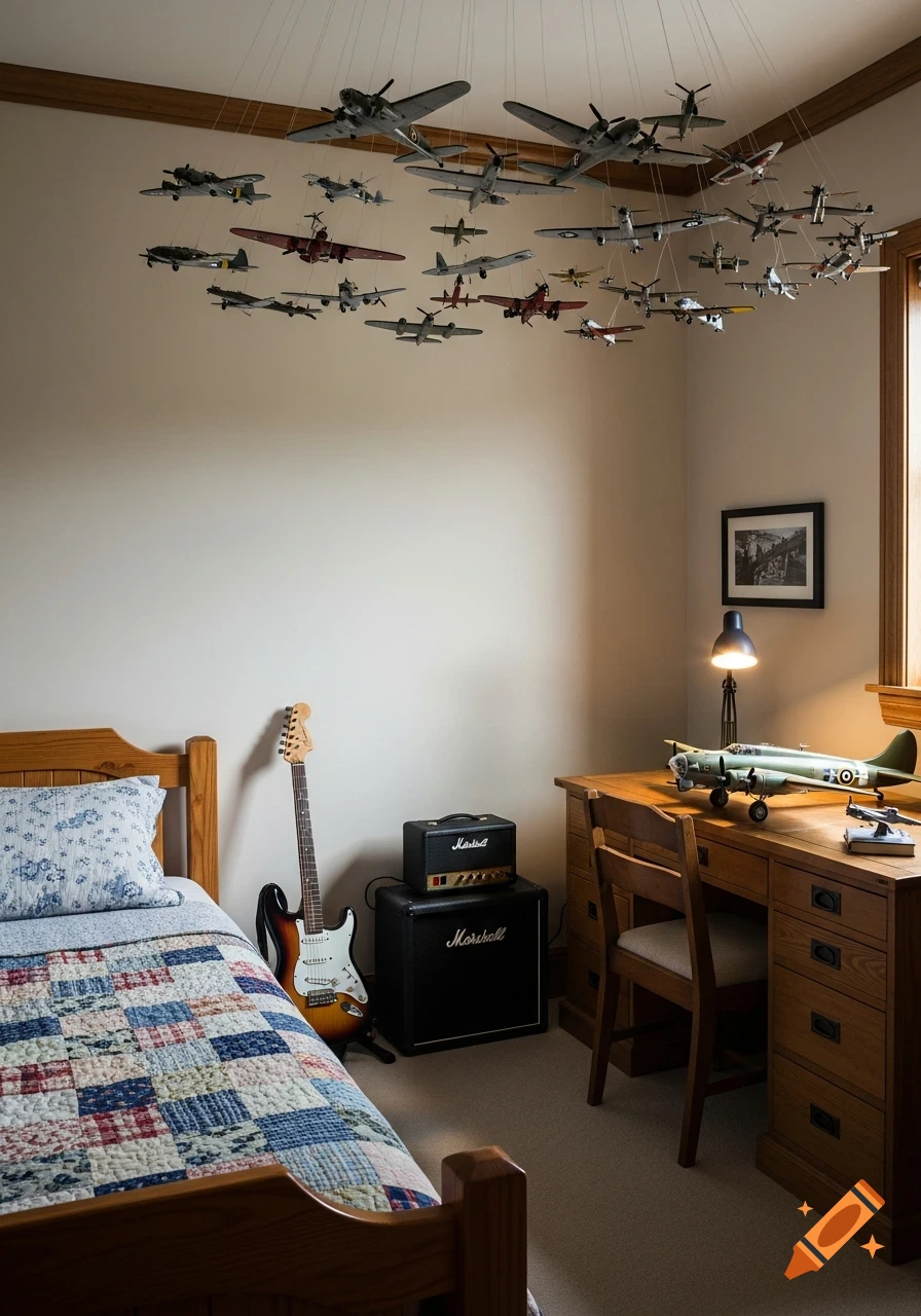 Photorealistic image of a boy's bedroom with model airplanes hanging from the ceiling, a bed with a quilt, a guitar, and a desk with a model plane.