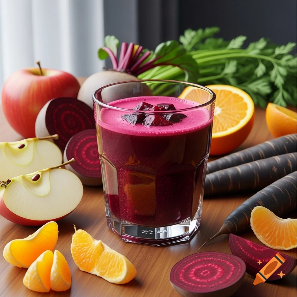 A glass of vibrant red juice surrounded by fresh apples, sliced beets, oranges, and black carrots on a wooden table, photorealistic.