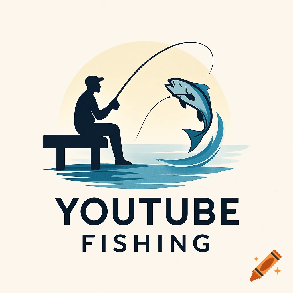 A stylized logo featuring a silhouetted man fishing from a dock, with a blue fish leaping out of the water. The text below reads "YOUTUBE FISHING".