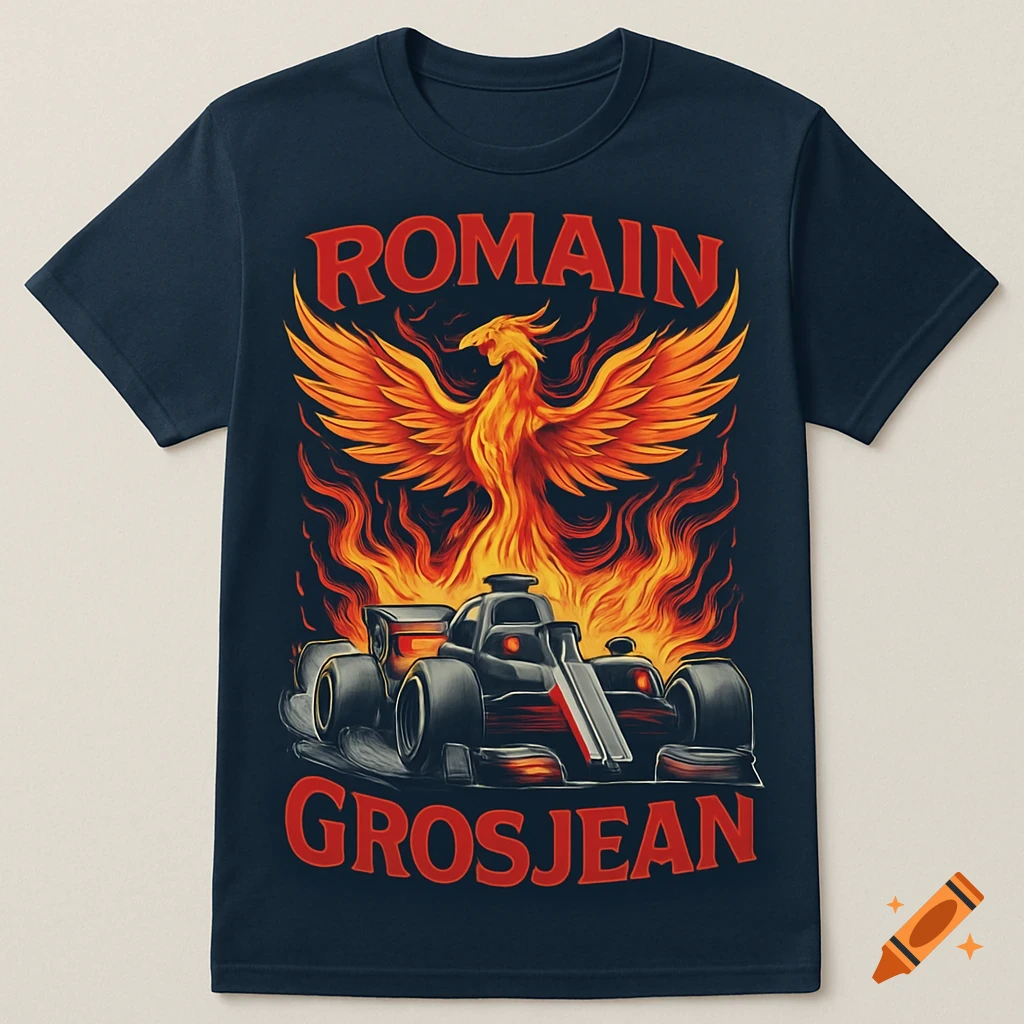 Dark blue t-shirt with a fiery orange phoenix and a black Formula 1 car, featuring 'ROMAIN' and 'GROSJEAN' text.