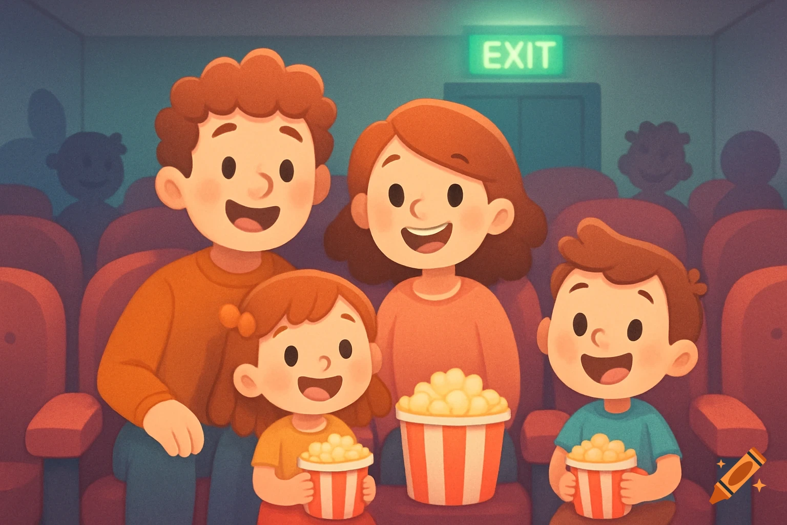 A happy cartoon family of four, holding popcorn, sits in a movie theater with a green EXIT sign.