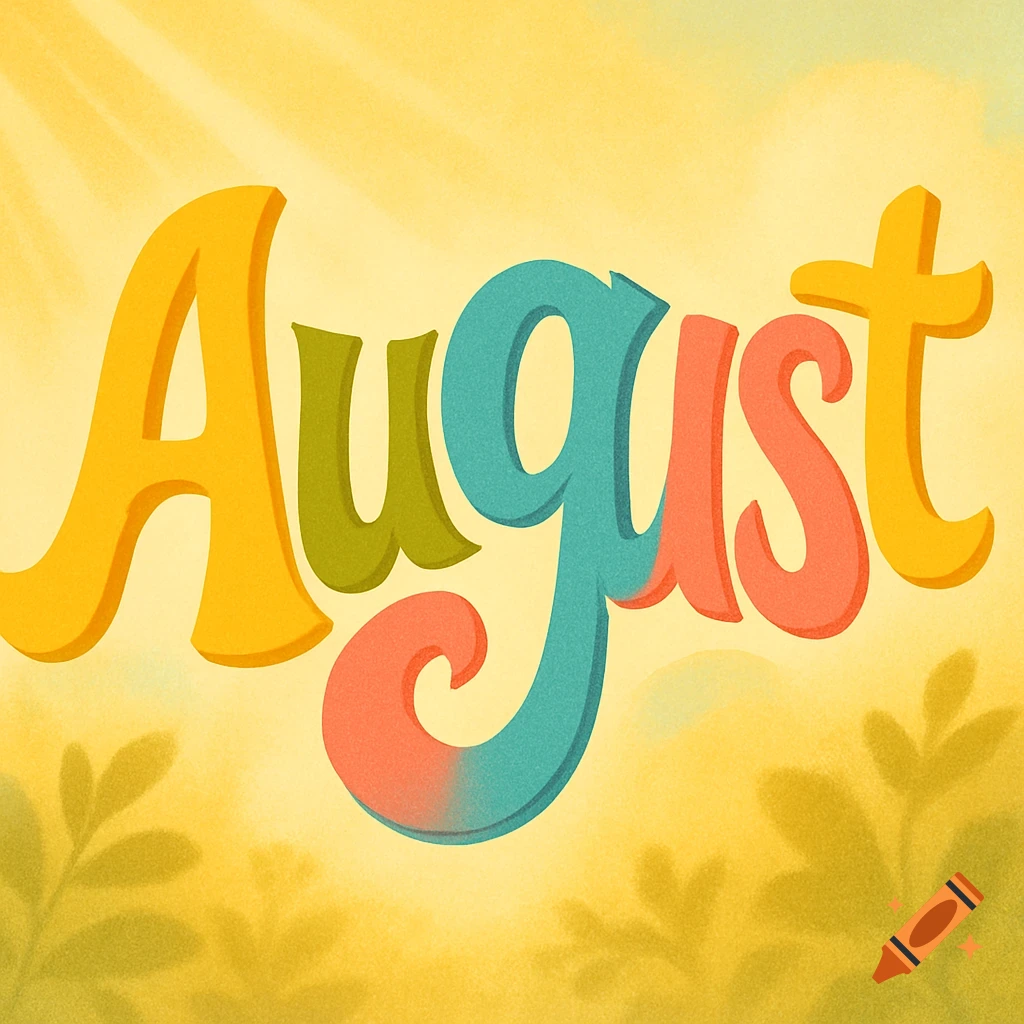 Stylized, colorful lettering of the word 'August' against a sunny, yellow background with subtle green foliage.