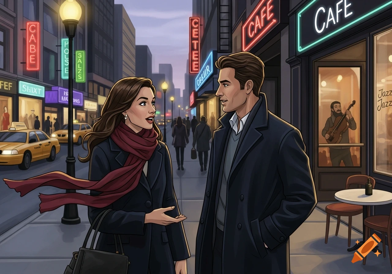 An illustrated man and woman talk on a city street at dusk, with neon signs, yellow taxis, and a cafe.