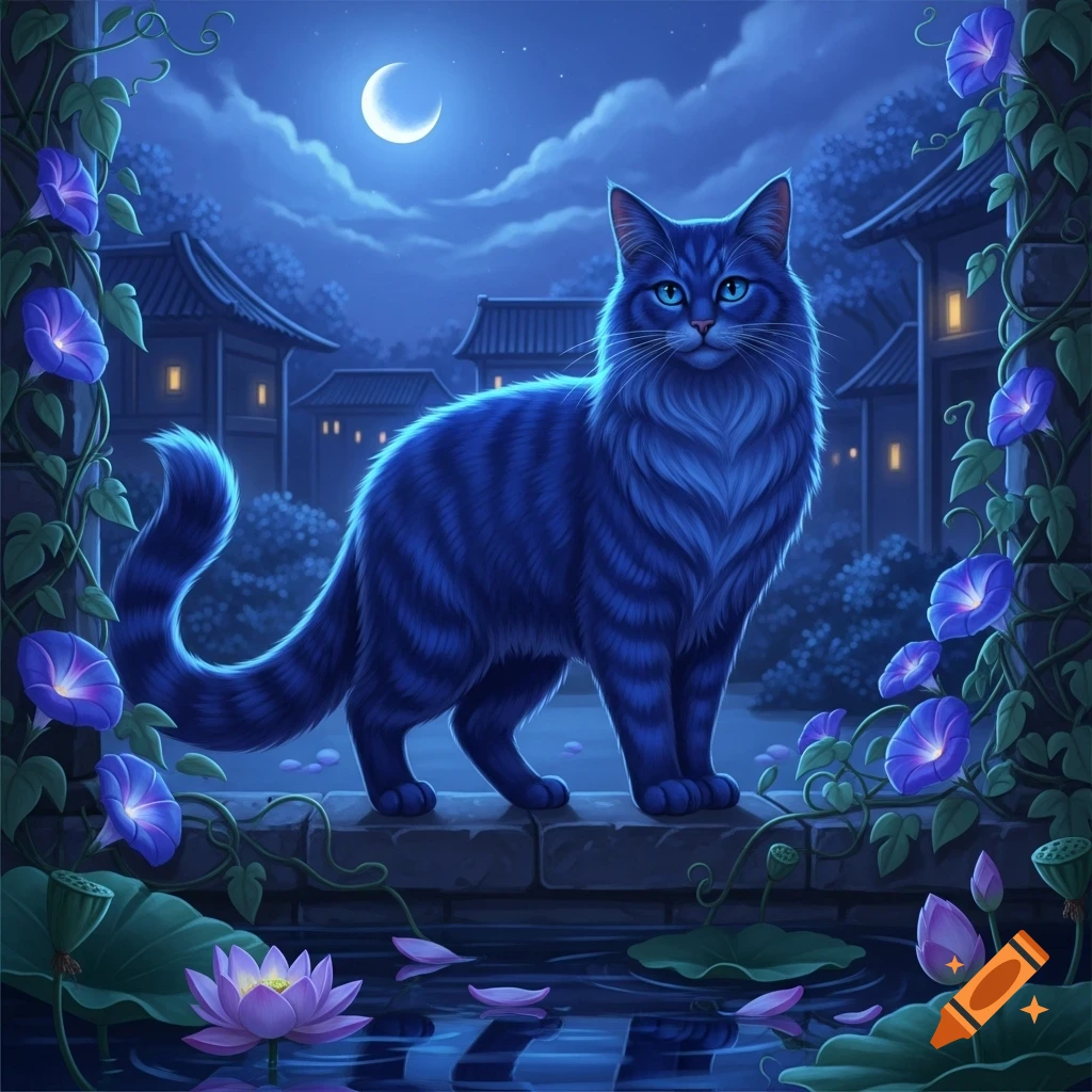 A fluffy blue cat with bright eyes stands on a wall at night ...