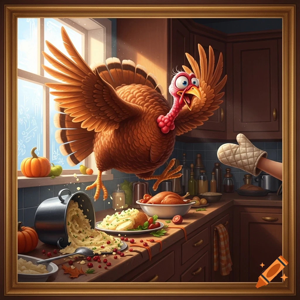 A cartoon turkey comically escapes a kitchen filled with Thanksgiving food, while a hand with an oven mitt reaches for it.
