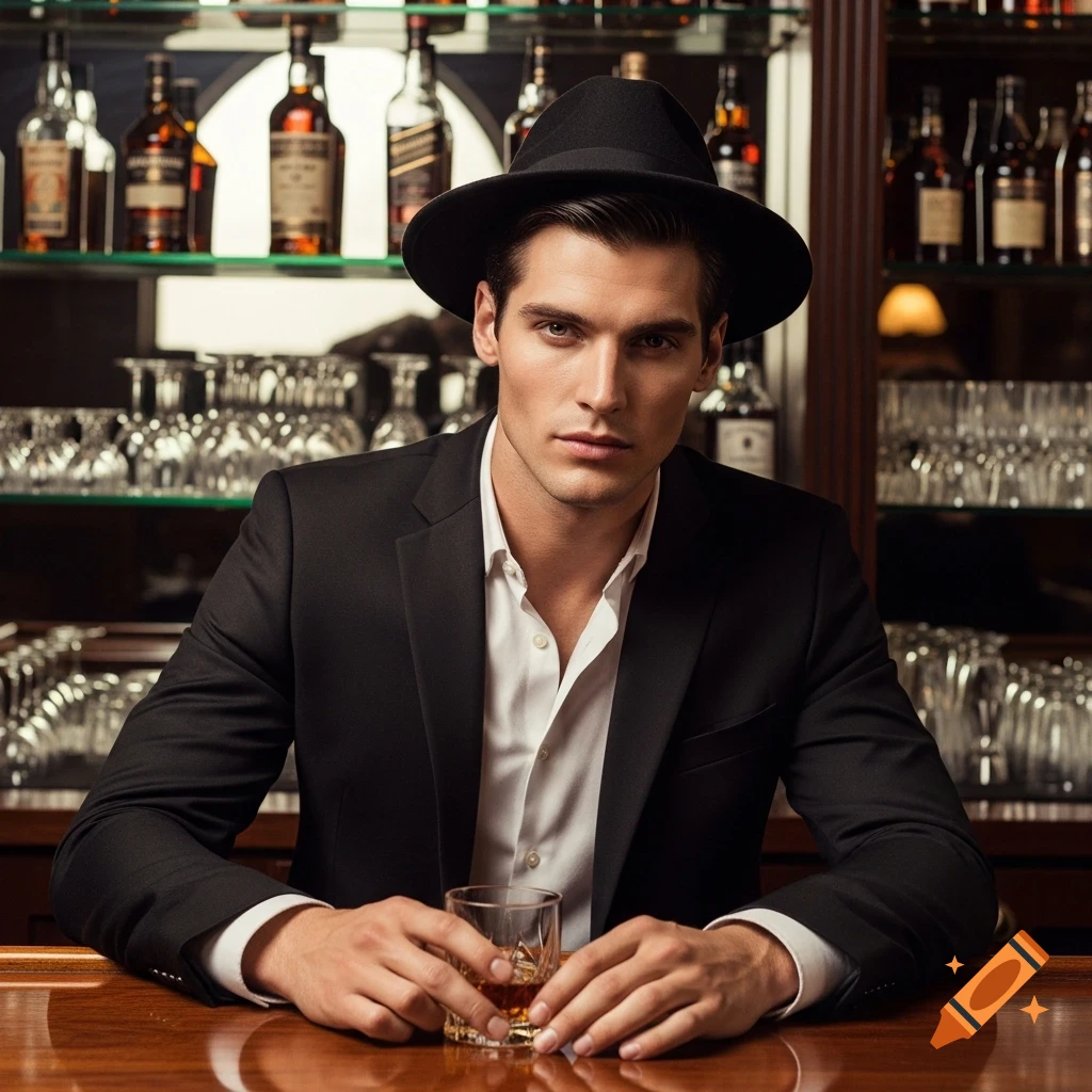 A young man in a black suit, white shirt, and fedora sits at a bar, holding a glass of whiskey, in a photorealistic style.