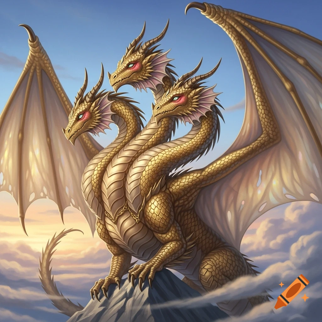 A majestic three-headed golden dragon with large wings perches on a ...
